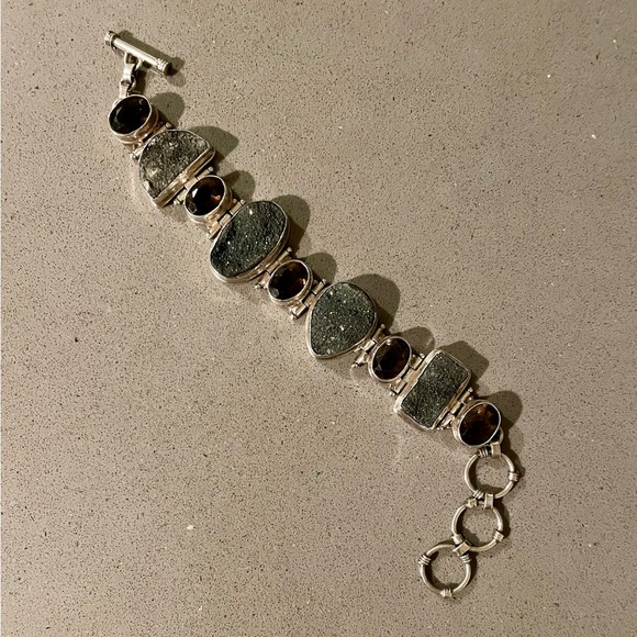 Vintage Estate Sterling Silver Druzy Smoky Quartz Toggle 925 Bracelet - Picture 2 of 8